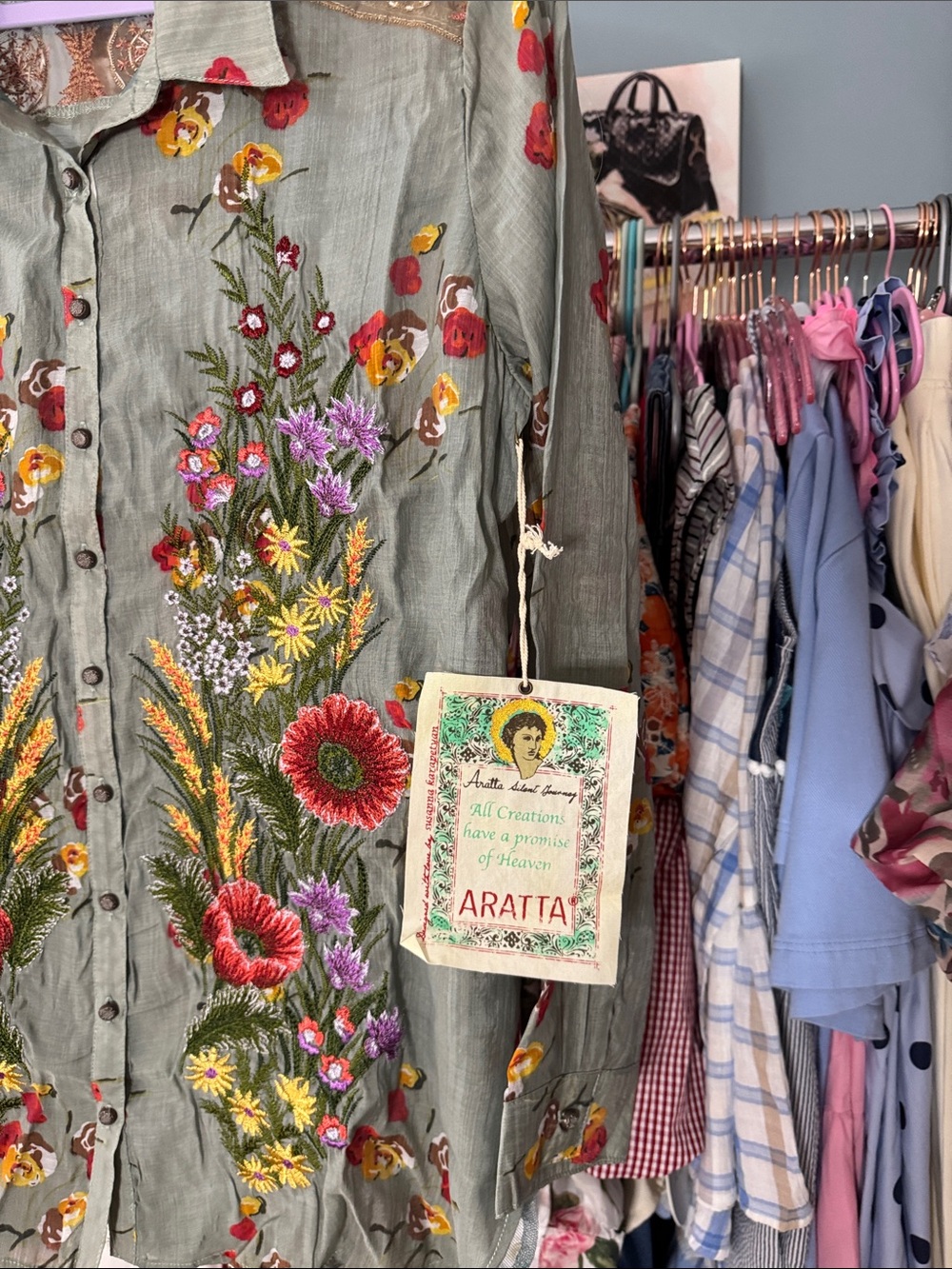 AR5 • Aratta Mia Grace Shirt Floral Embroidered Bohemian Button Down Light Olive - Picture 6 of 8
